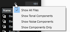 Le menu local Filter by Sound Component offre les options suivantes : Show All Files (afficher tous les fichiers), Show Tonal Components (afficher les composantes tonalité), Show Noise Components (afficher les composantes bruit) et Show Components Only (afficher uniquement les composantes).
