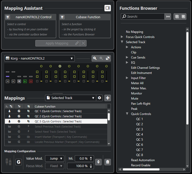 Asistente de mapeado MIDI Remote mostrando las secciones Asistente de mapeado, los Mapeados y el Explorador de funciones