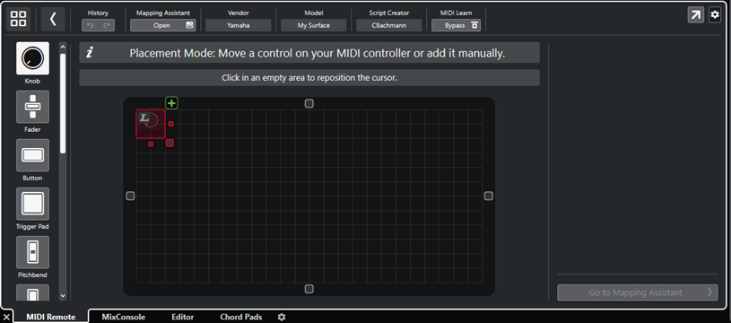 Editor delle superfici di controllo MIDI in Modalità apprendimento