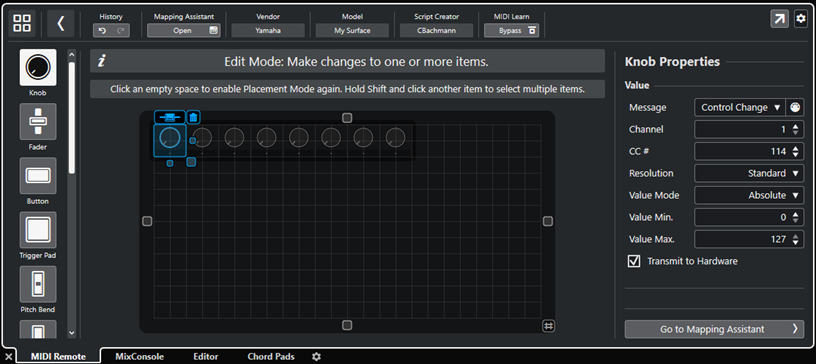 Editor delle superfici di controllo MIDI in Modalità modifica