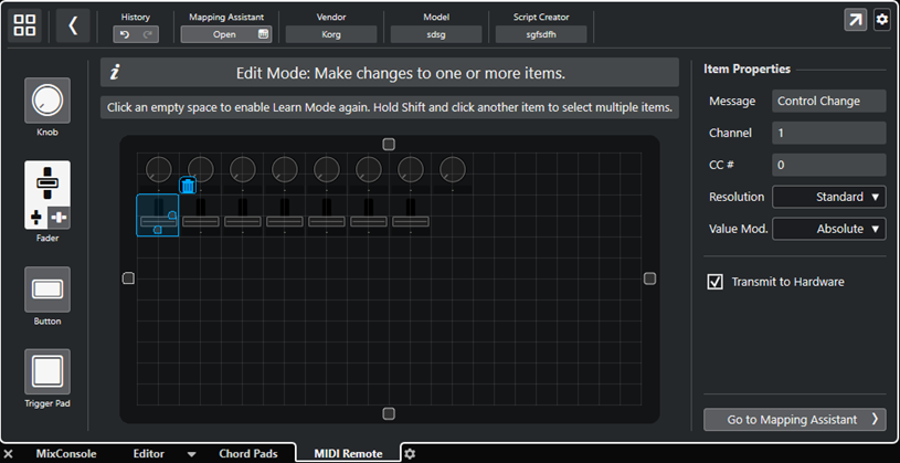 MIDI-Controller-Oberflächen-Editor im Bearbeiten-Modus