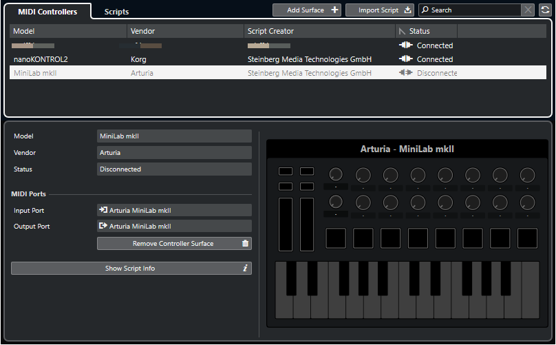 Eine nicht verbundene Controller-Oberfläche auf der MIDI-Controller-Registerkarte des Fensters MIDI Remote-Manager