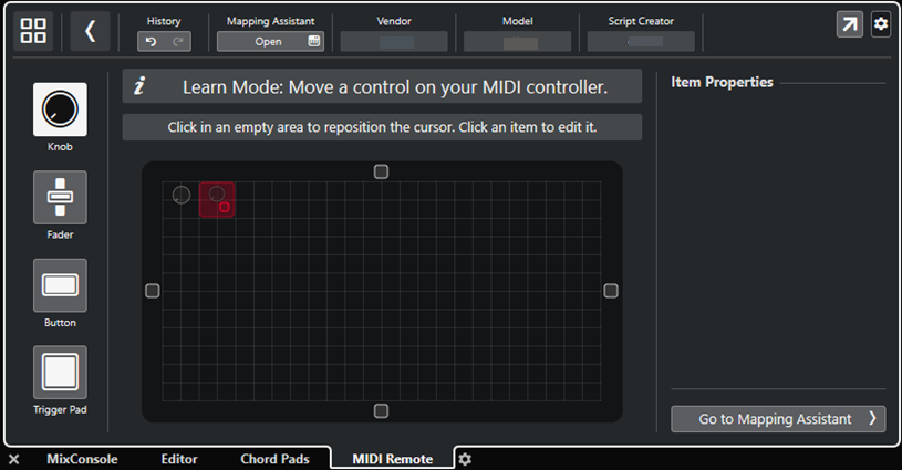 MIDI Controller Surface Editor in Learn Mode