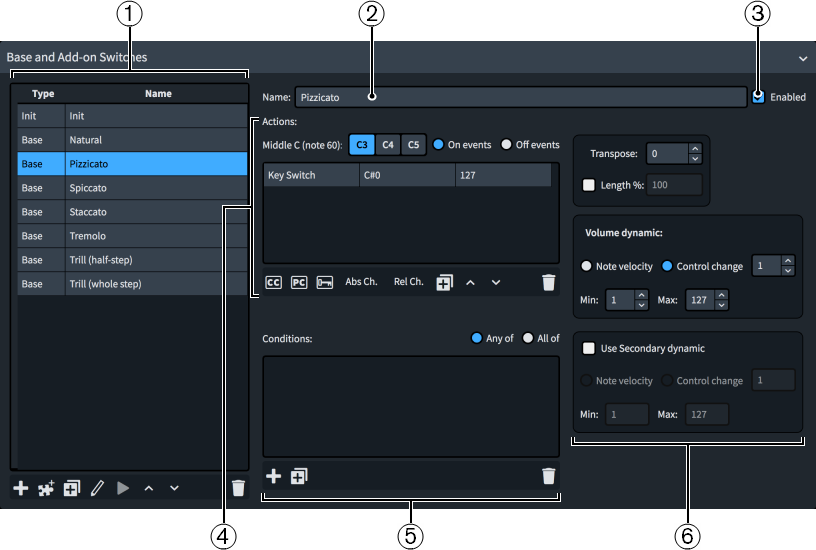 Expression Maps dialog, Base and Add-on Switches section