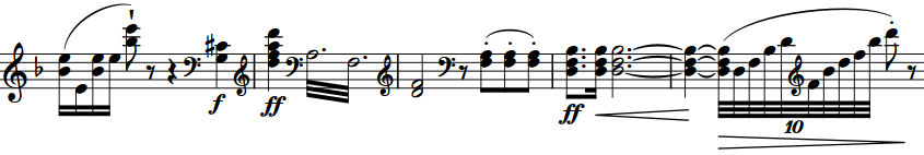 Musical phrase with multiple clef changes