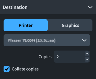 Destination section of the Print Options panel