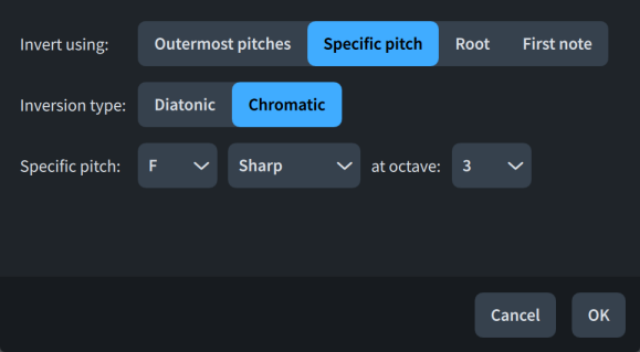 Invert Pitches, Reverse and Invert Pitches, and Reverse and Invert Pitches and Reverse Rhythms dialogs