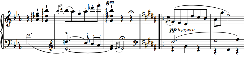 Mid-system key signature change from E♭ major to B major