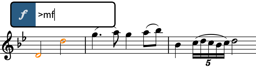 The dynamics popover open above a staff with an example entry for a diminuendo followed by mf