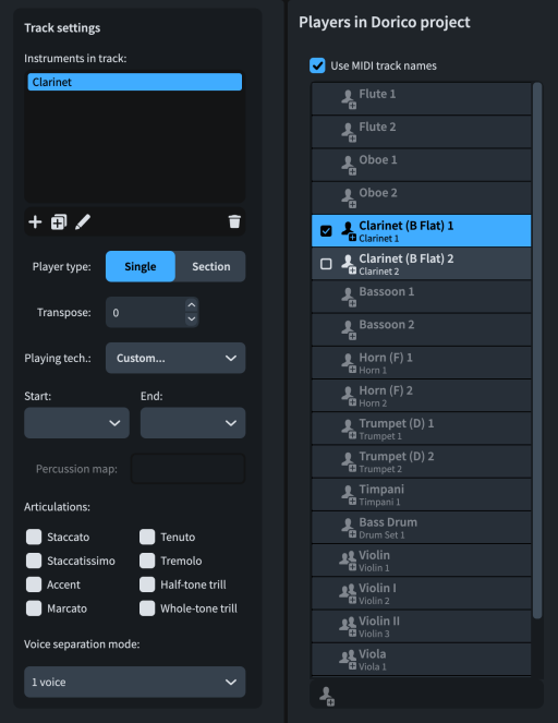 Boîte de dialogue Options d’importation MIDI, options de l’Éditeur avancé dans la section Pistes à partir du fichier MIDI