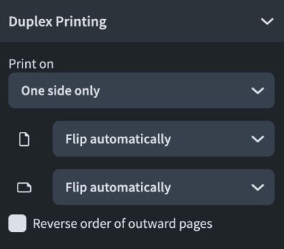印刷オプションパネルの「両面印刷 (Duplex Printing)」セクション