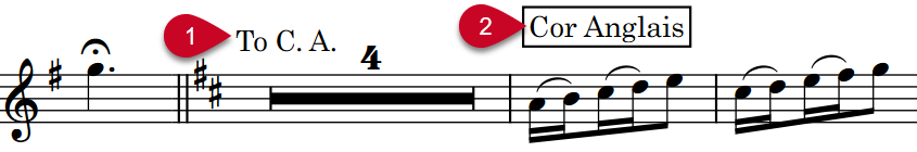 Musical phrase with instrument change labels labelled
