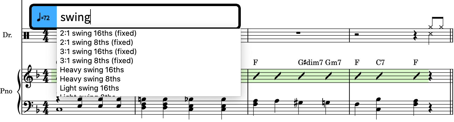 Tempo-Einblendfeld über der Schlagzeug-Notenzeile mit dem Anfang einer Eingabe für das Swing-Verhältnis