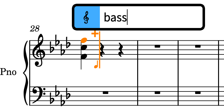 Einblendfeld für Schlüssel und Oktavzeichen über der Notenzeile mit einer Eingabe für einen Bassschlüssel