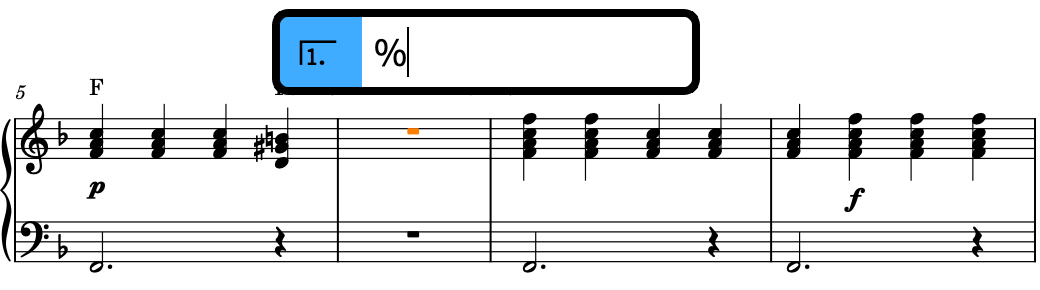 Repeats popover above the staff with an entry for a single-bar repeat region
