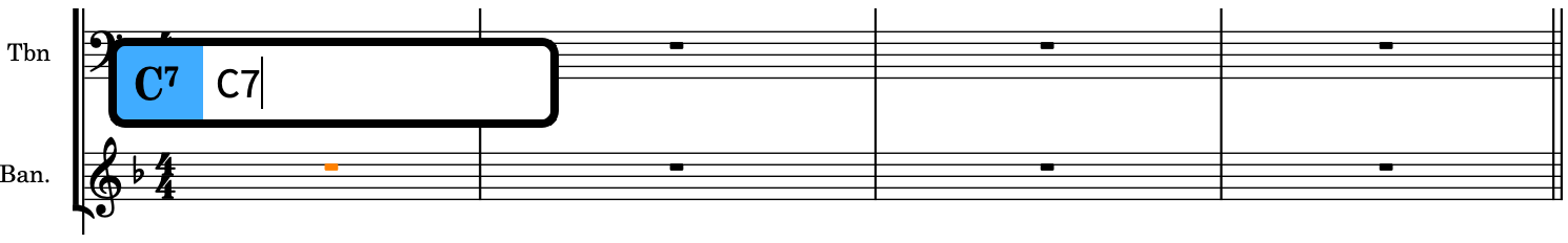 Chord symbols popover above the staff with an entry for a C7 chord symbol