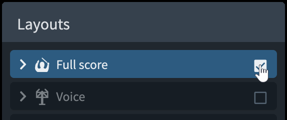 Mouse pointer over the full score layout checkbox in the Layouts panel