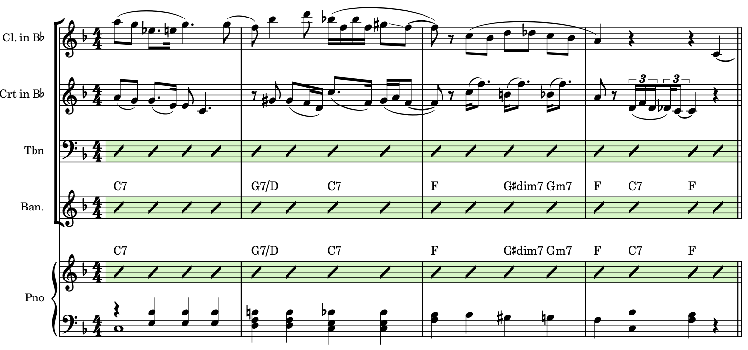 Slash regions input on the trombone, banjo, and top piano staves