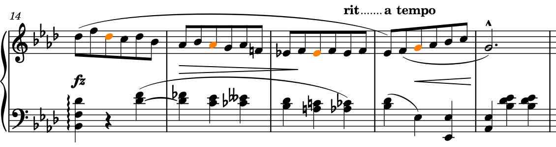 Eighth notes selected in bars 14-17