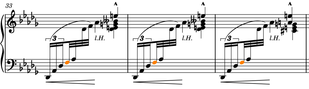 32nd note Fs selected in bars 33-35