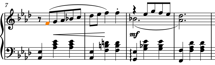 Eighth note F selected in bar 7