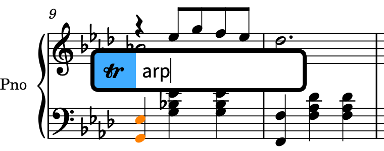 Ornaments popover above the bottom staff with the entry for an arpeggio sign