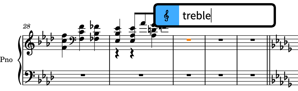 Clefs and octave lines popover above the staff with an entry for a treble clef