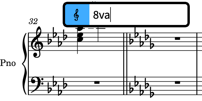 Clefs and octave lines popover above the staff with an entry for an 8va octave line