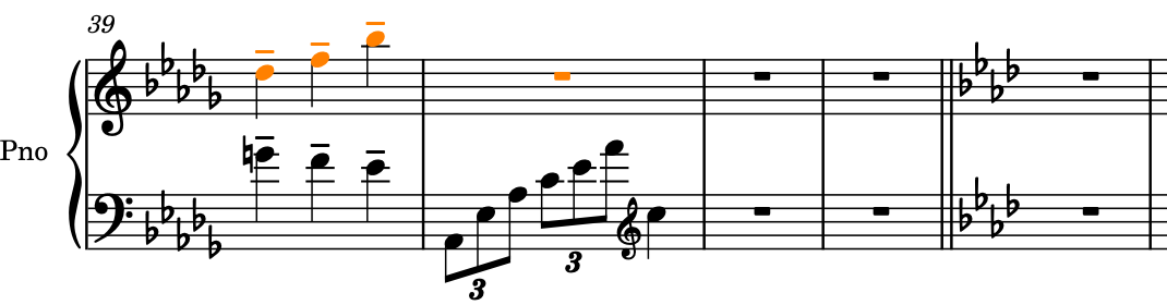 Selection of notes and a bar rest spanning bars 39-40
