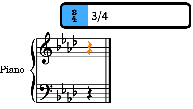 Time signatures popover above the staff with the entry for 3/4