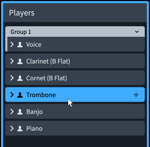 Carte de l'instrumentiste trombone sélectionnée dans le panneau Instrumentistes
