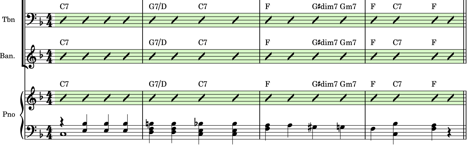 Simboli di accordo visualizzati nella regione con teste di nota a barre sul rigo di trombone