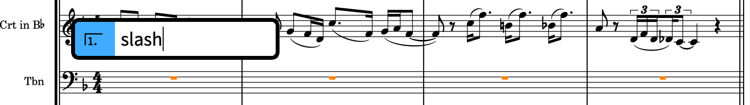 Riquadro delle ripetizioni sopra il rigo di trombone con un’immissione per una regione con teste di nota a barre