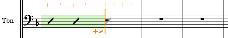 Il cursore di inserimento durante l’aggiunta di una nuova voce con teste di nota a barre senza gambi
