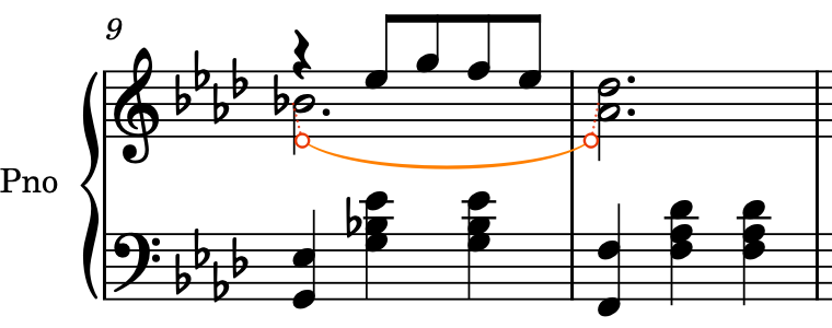Legatura di portamento aggiunta alle note a gambo verso il basso selezionate