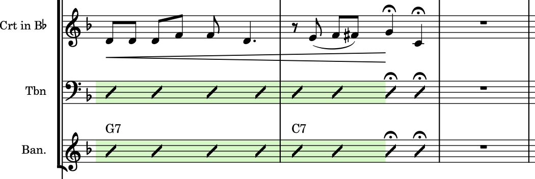 トロンボーン譜表とバンジョー譜表に入力された符尾なしのスラッシュ付き声部の音符