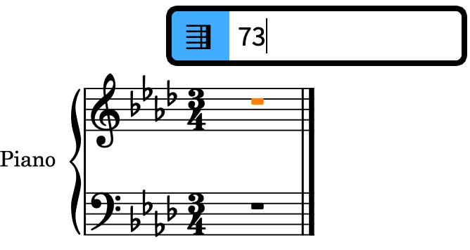 譜表の上の小節と小節線のポップオーバーに、73 個の小節を追加するエントリーを入力したところ