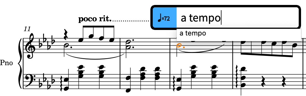 上の譜表の上のテンポのポップオーバーに「a tempo」のエントリーを入力したところ