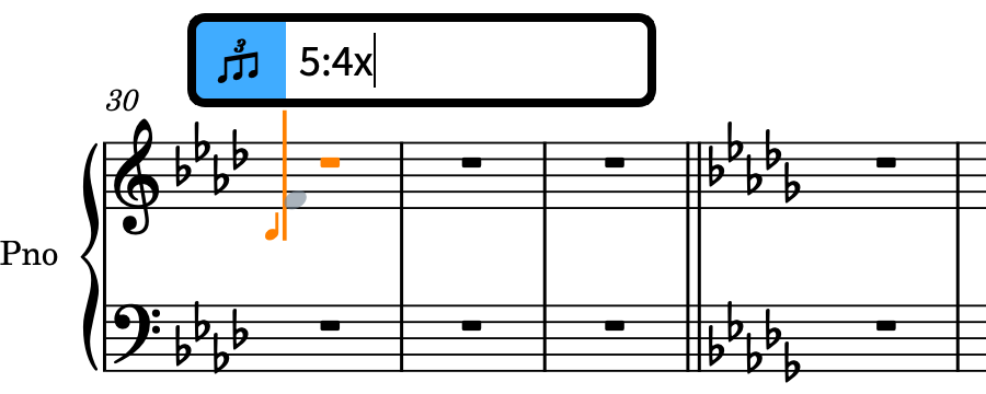 譜表の上の連符のポップオーバーに 16 分音符の 5 連符のエントリーを入力したところ