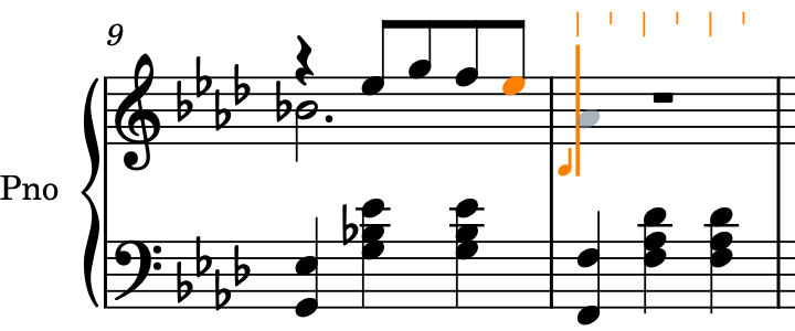 小節番号 9 の符尾が上向きの声部に 8 分音符を入力したところ