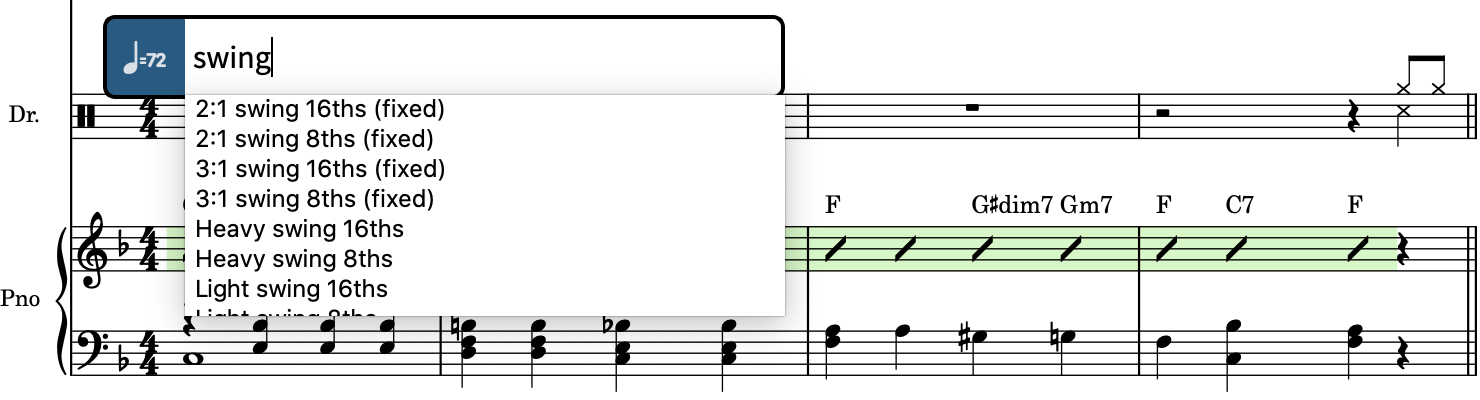 Tempo-Einblendfeld über der Schlagzeug-Notenzeile mit dem Anfang einer Eingabe für das Swing-Verhältnis