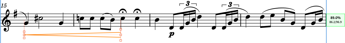 Crescendo in Takt 15 (ausgewählt) wird im Einzelstimmen-Layout für Klarinette als Gabel angezeigt