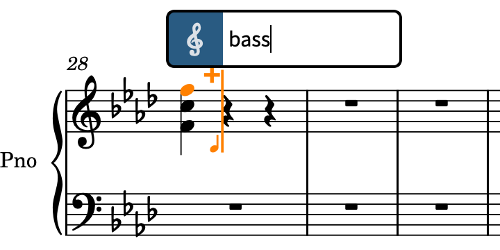 Einblendfeld für Schlüssel und Oktavzeichen über der Notenzeile mit einer Eingabe für einen Bassschlüssel