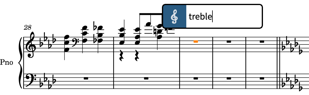 Einblendfeld für Schlüssel und Oktavzeichen über der Notenzeile mit einer Eingabe für einen Violinschlüssel