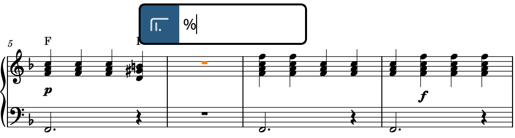 Repeats popover above the staff with an entry for a single-bar repeat region