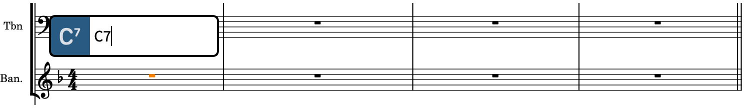 Chord symbols popover above the staff with an entry for a C7 chord symbol