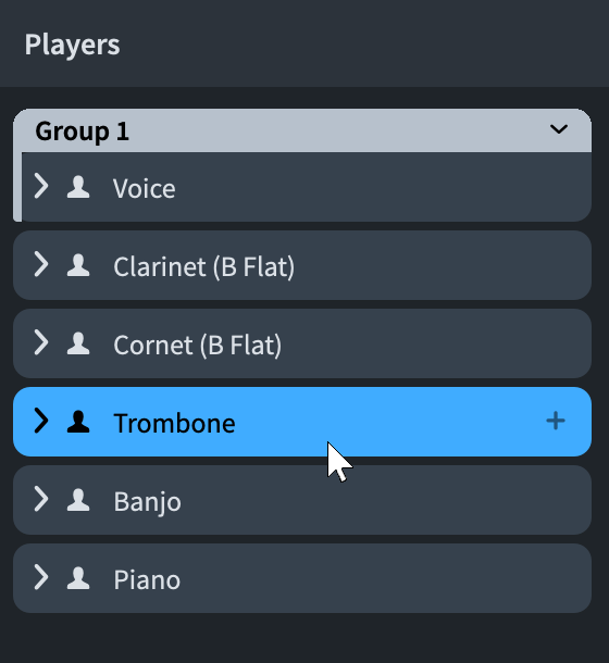 Trombone player card selected in the Players panel