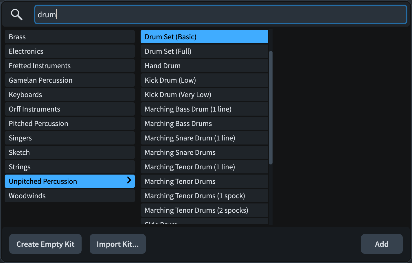 Instrument picker filtered by the search term "drum"