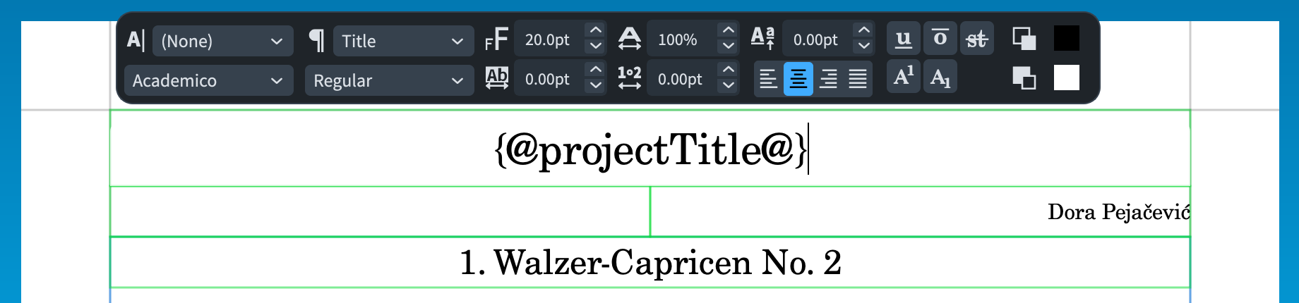 Project title token, part of the First page template