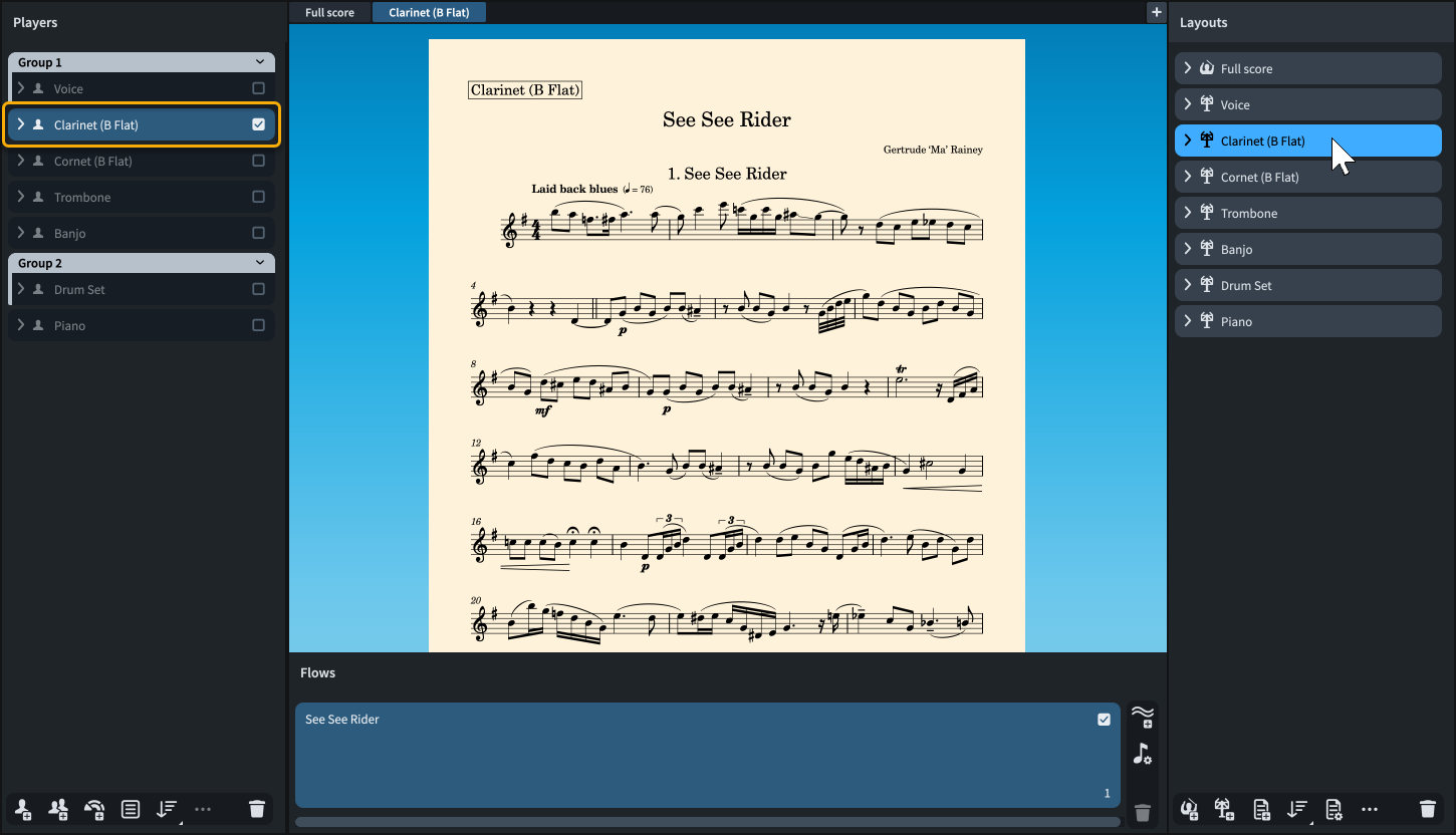 Clarinet part layout open in the new tab, with the Clarinet player assigned to it highlighted in the Players panel